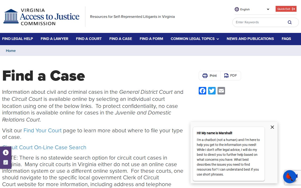 Virginia court guidance for finding Nottoway County criminal case records