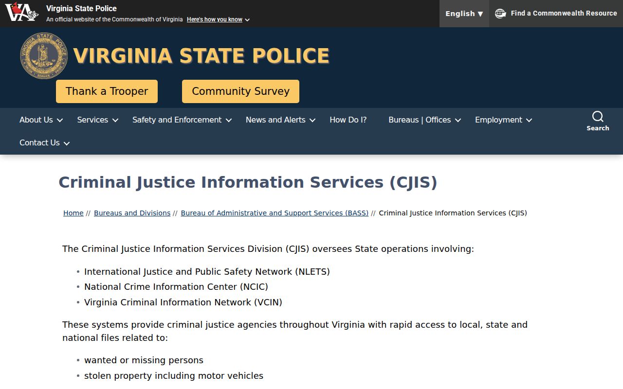 Virginia State Police CJIS criminal history source for Nottoway County court dispositions
