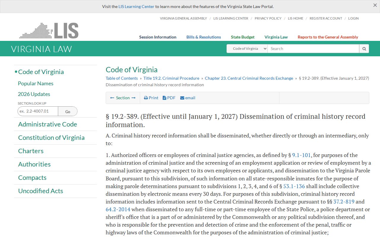 Virginia dissemination law for Nottoway County arrest and criminal history records