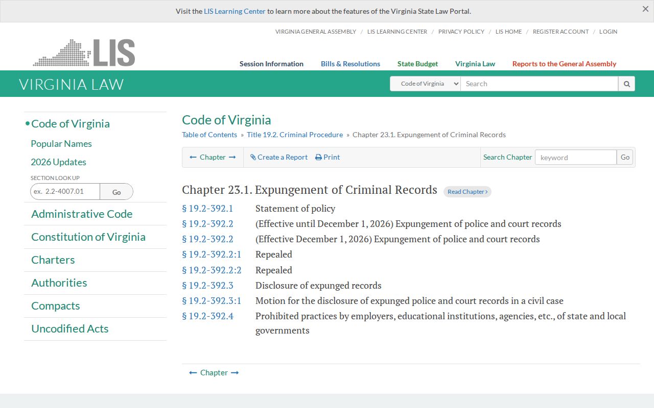 Virginia expungement law for qualifying Nottoway County arrest records