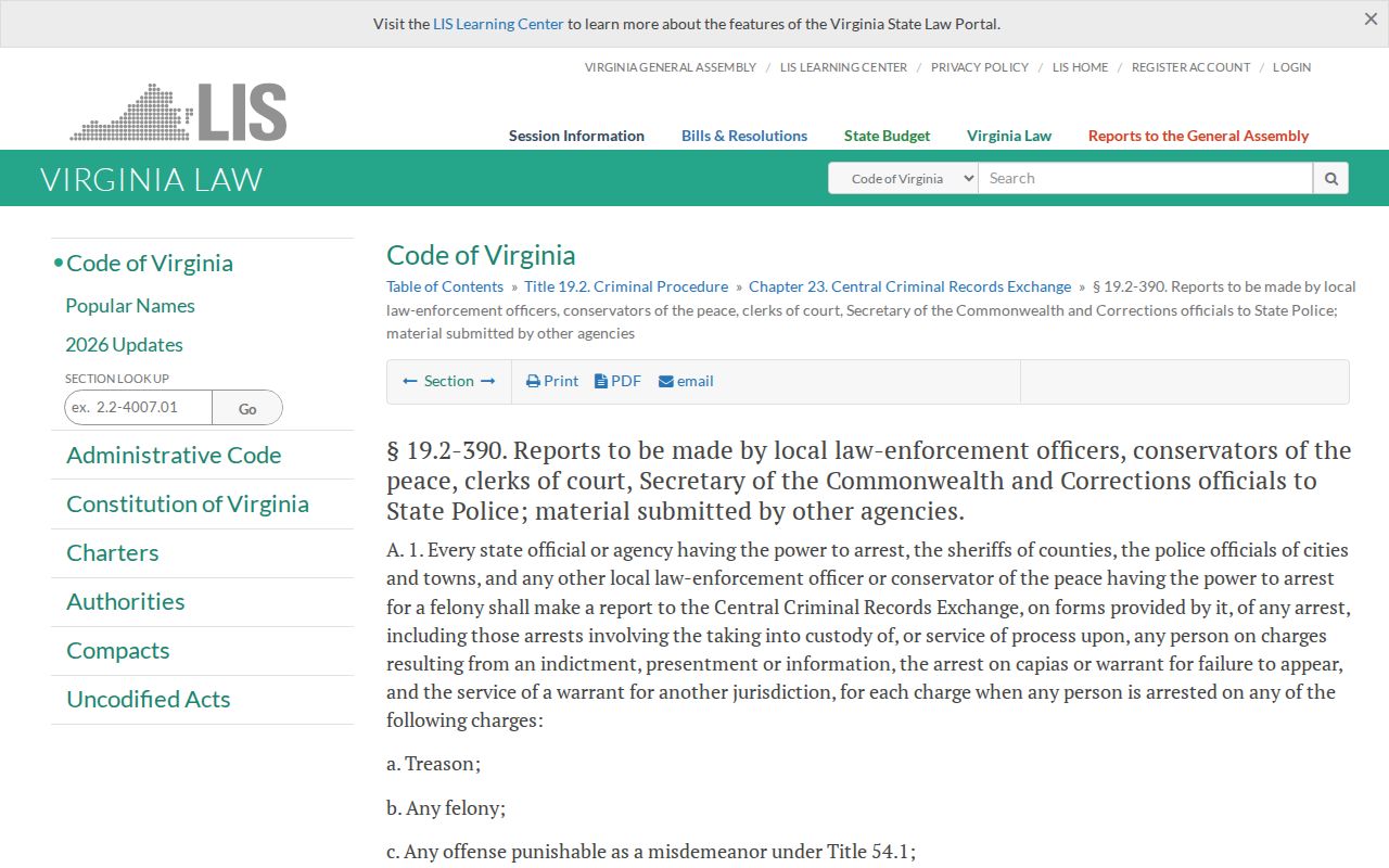 Virginia reporting law for Nottoway County arrest records and court dispositions