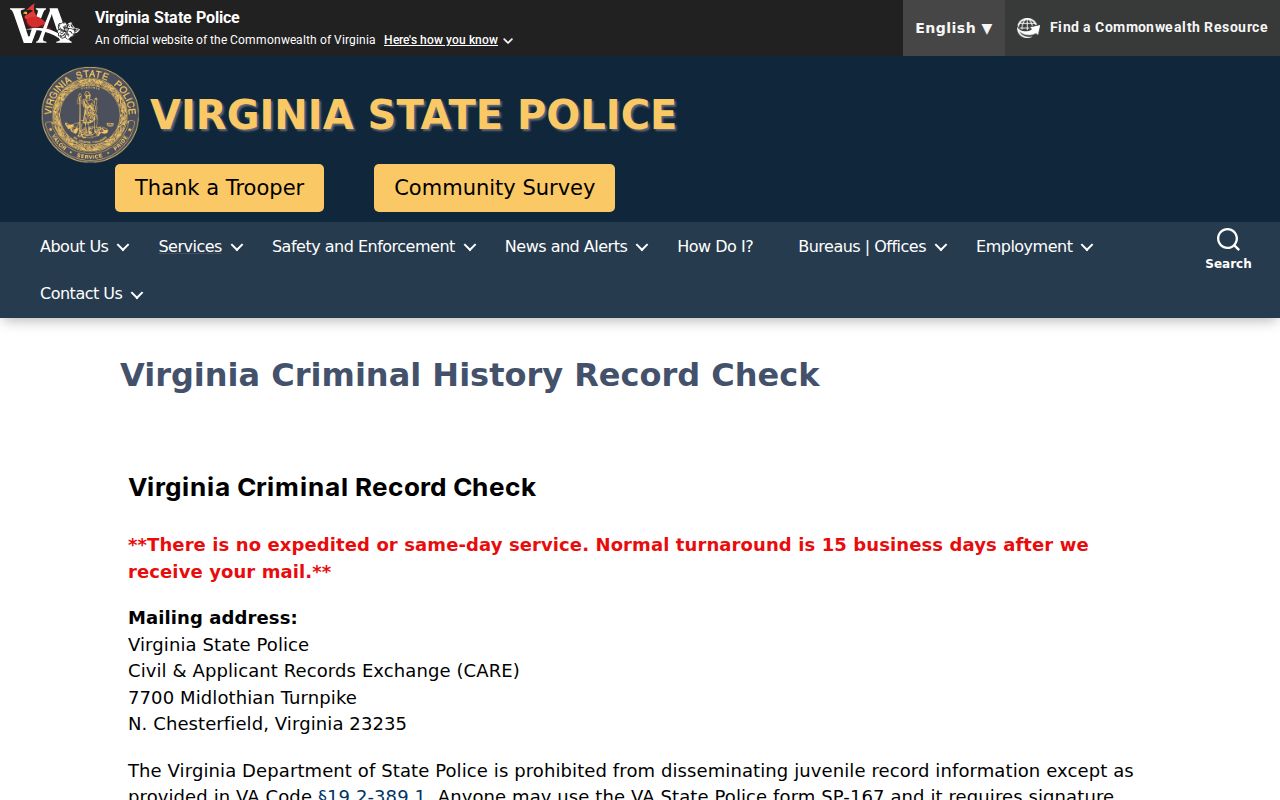 Nottoway County criminal history request through Virginia State Police